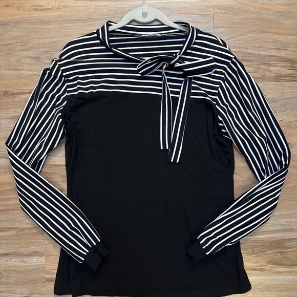 Zeagoo Black & White Stripe Long Sleeve Tie-Neck Top – Size XL - Picture 1 of 4